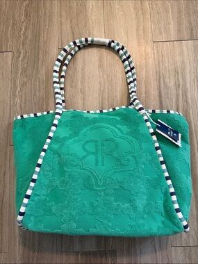 Roller Rabbit Green Beach Tote Bag with Striped Handles
